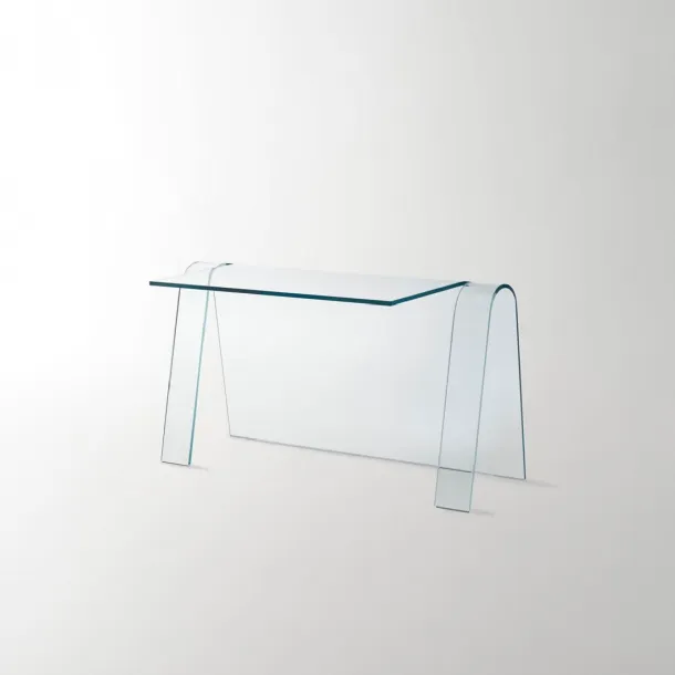 Scrittoio Folio ottenuto da un’unica lastra di cristallo trasparente extralight curvato di Glas Italia