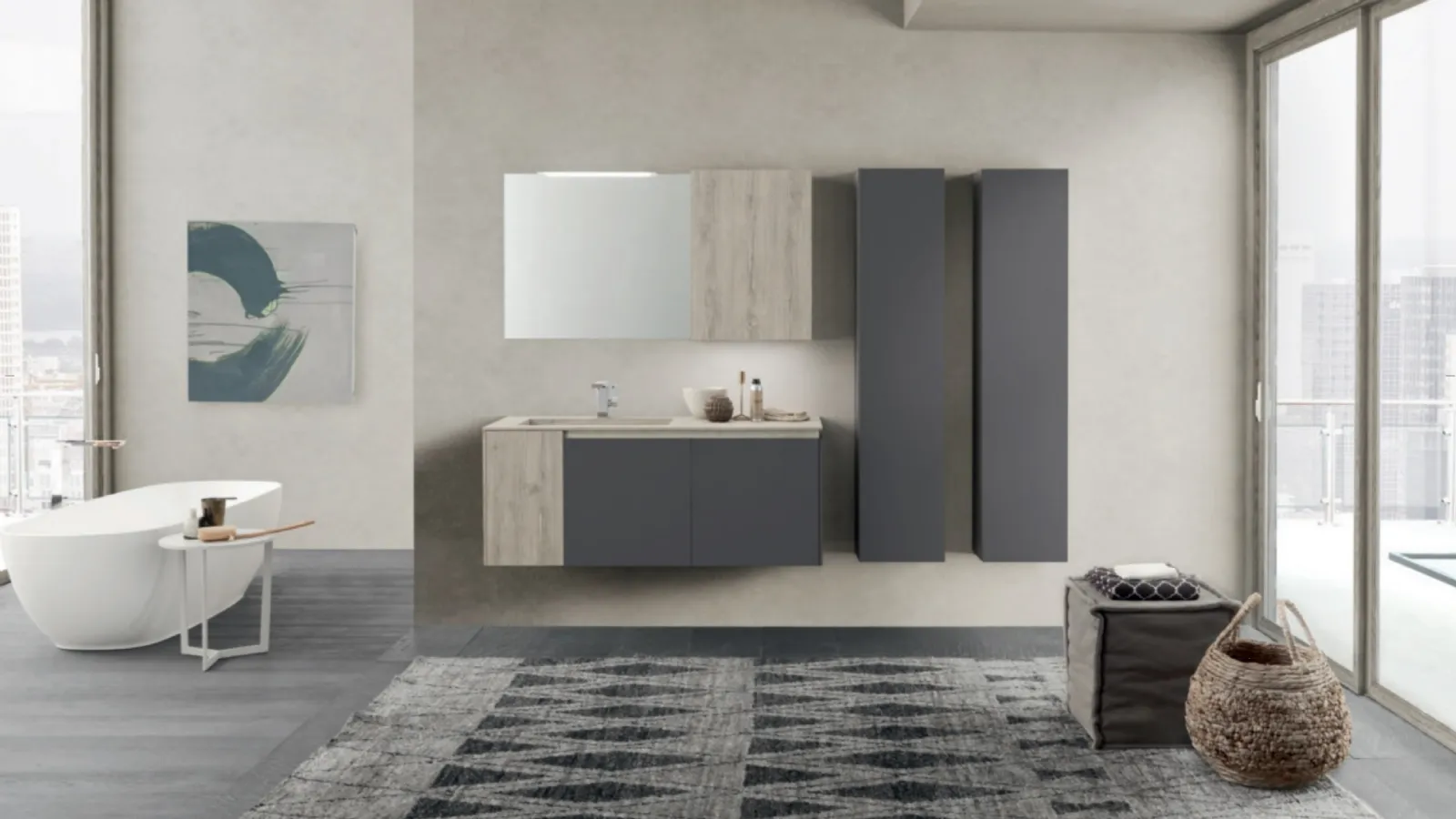 Mobile da Bagno sospeso M2 System C209 in laccato opaco Grigio Grafite e HPL Quercia Grigia di Baxar