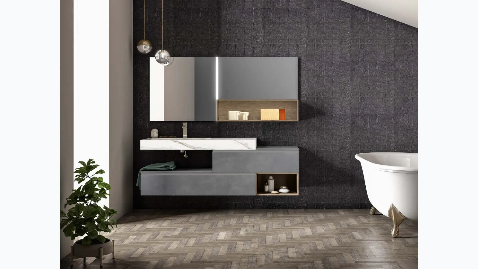 Mobile da Bagno sospeso in laccato metallico piombo Lapis 05 di Birex