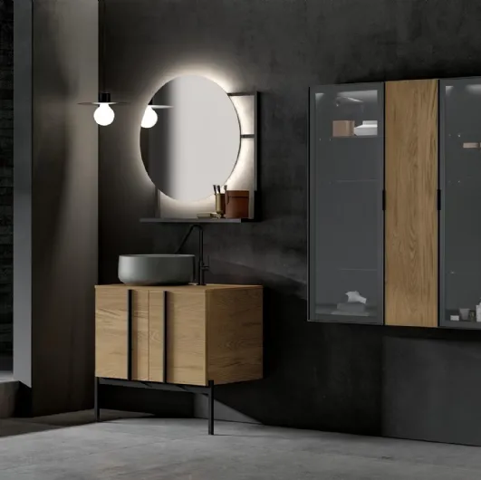 Mobile da Bagno a terra Sidéro 05 in essenza rovere naturale e metallo nero di Birex