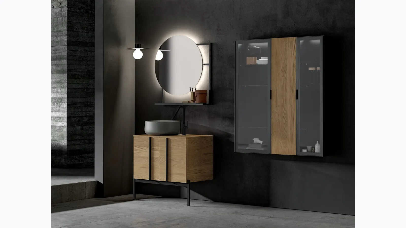 Mobile da Bagno a terra Sidéro 05 in essenza rovere naturale e metallo nero di Birex