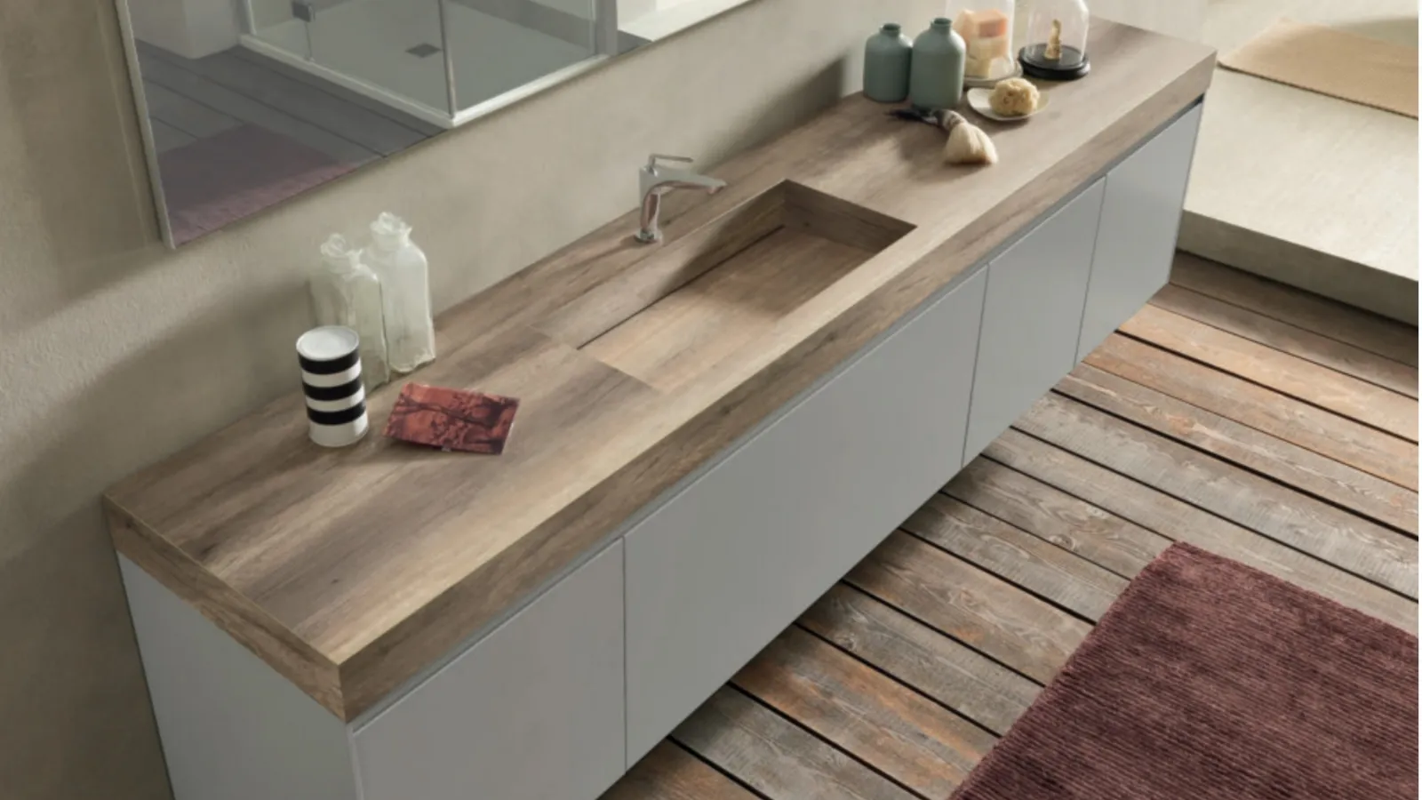 Mobile da Bagno sospeso M2 System C213 in laccato Grigio Luce opaco e top in HPL effetto legno di Rovere di Baxar