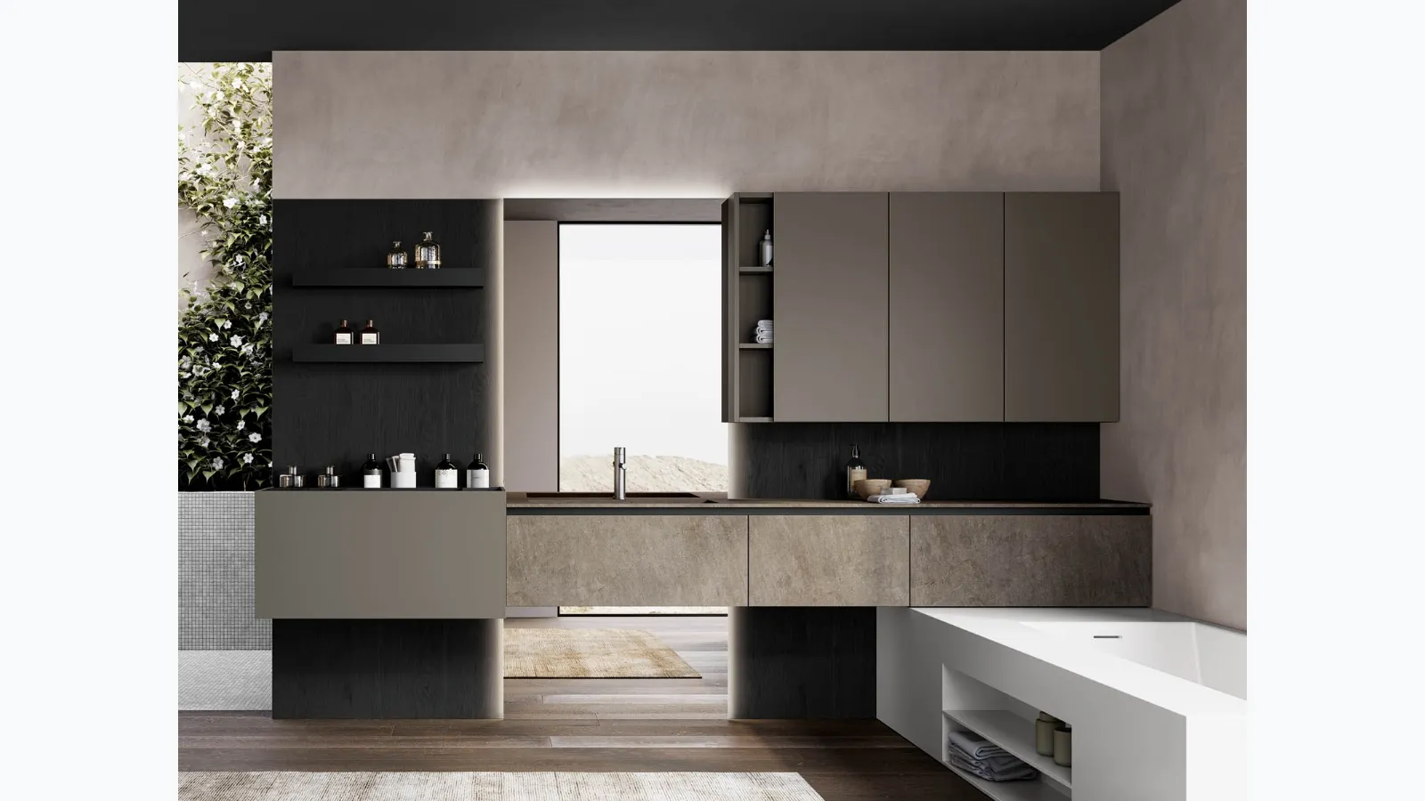 Mobile da Bagno sospeso Facto 02 in gres, laccato ed essenza rovere di Birex