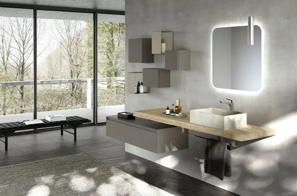 Mobile da Bagno sospeso in laccato opaco con top in Rovere corteccia e lavabo in gres Lime 2|0 Comp 002 di Azzurra