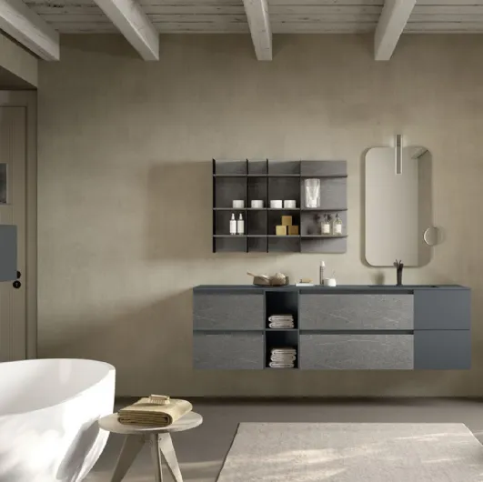 Mobile da Bagno sospeso in melaminico effetto pietra e laccato opaco grigio Lime 2|0 Comp 012 di Azzurra