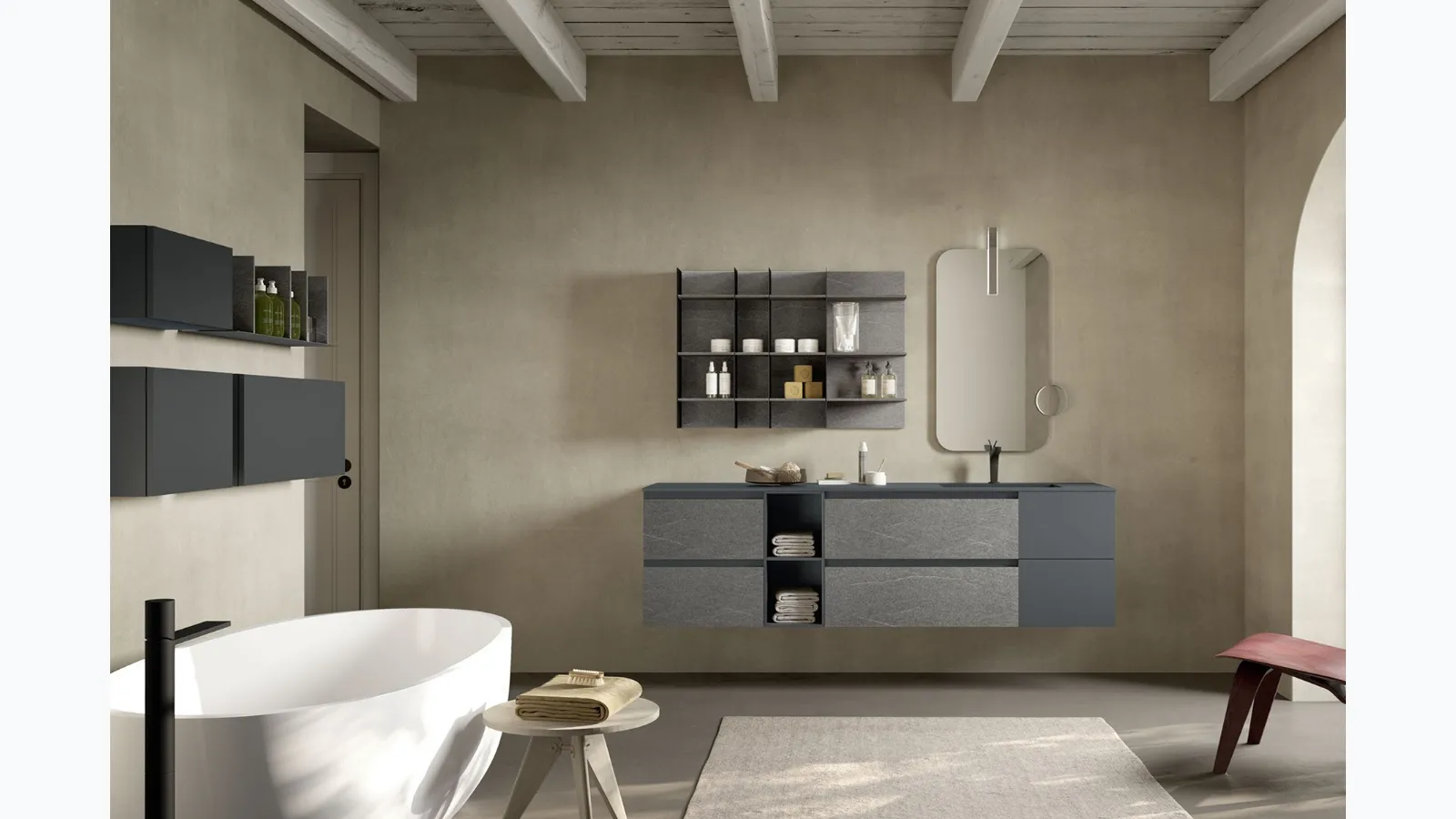 Mobile da Bagno sospeso in melaminico effetto pietra e laccato opaco grigio Lime 2|0 Comp 012 di Azzurra