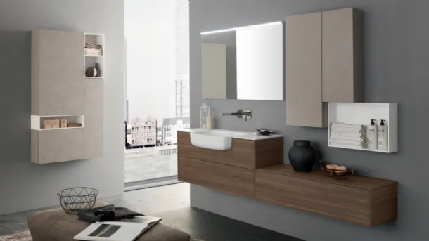 Mobile da Bagno sospeso M System C011 in melaminico Eucalipto Sablè Canaletto con pensili laccati di Baxar