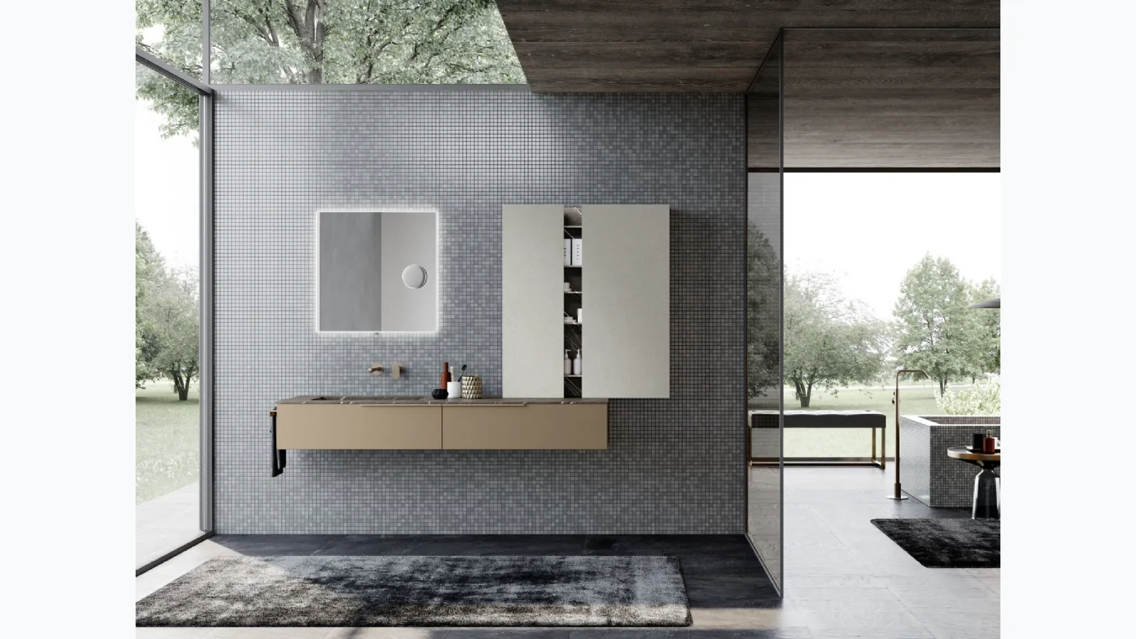 Mobile da Bagno sospeso M1 System 121 in laccato metallizzato e melaminico pelle per i pensili di Baxar