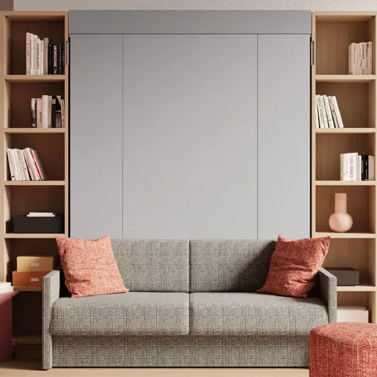 Letto a scomparsa con divano integrato e libreria Im 22 04 Nobu in melaminico Rovere e laccato opaco di Clever