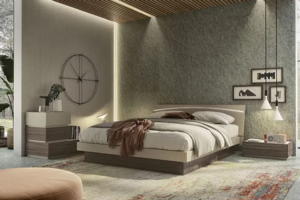 Letto con testiera illuminata a led in finitura beige e olmo dark Moon Led di S75