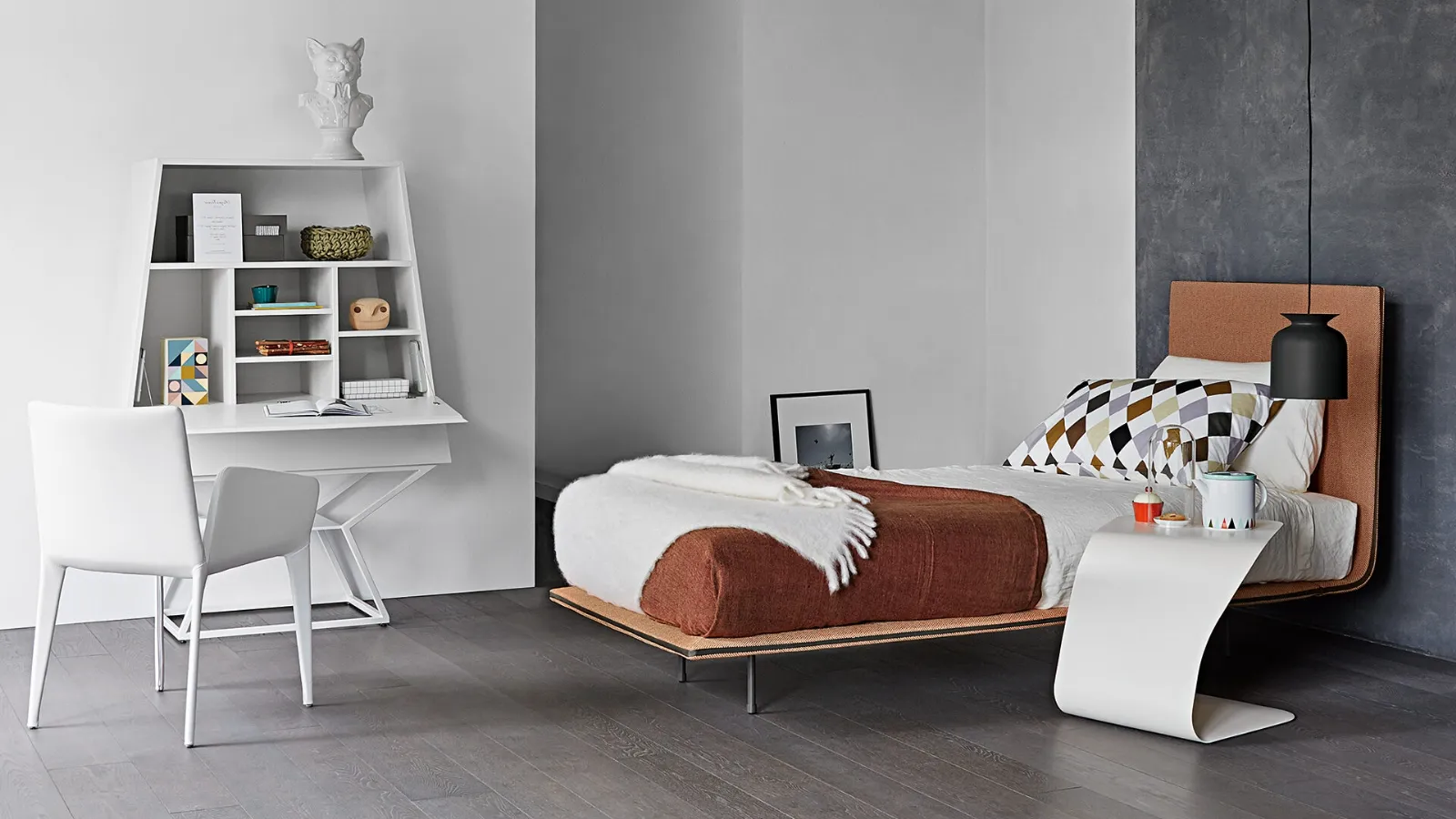 Letto singolo Thin in tessuto con testiera dal design minimale di Bonaldo