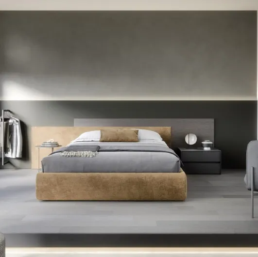 Letto con contenitore Testiera Time in tessuto imbottito e legno di Novamobili