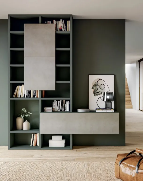 Libreria MOOD 18 in laccato opaco roccia con frontali in nobilitato design concrete di Dielle Modus