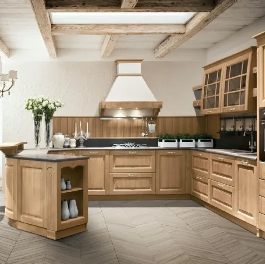 Cucina Classica ad angolo con penisola Bolgheri v08 in Rovere Natura con top in laminato Corten Sabbia di Stosa