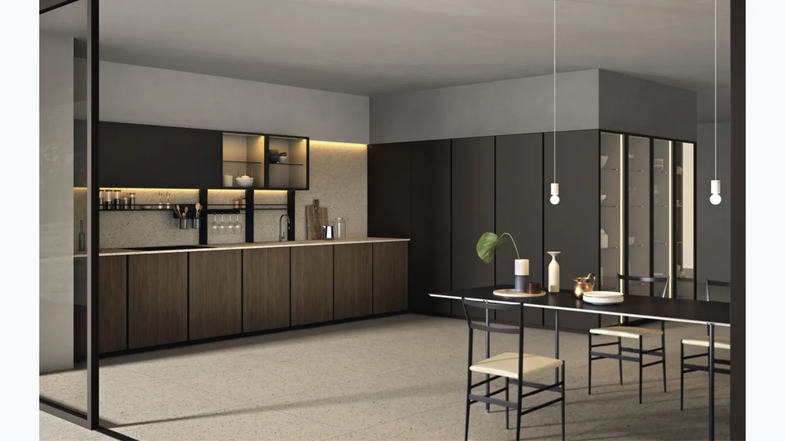 Cucina Design lineare in legno e laccato antracite con top in marmo Altea 05 di Maistri