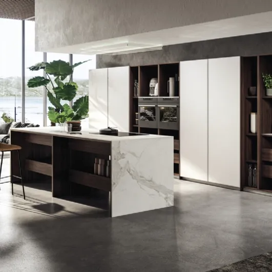 Cucina Design con isola in laccato opaco e legno con top in marmo KTable 01 di Maistri