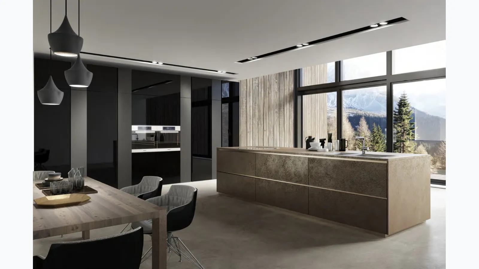 Cucina Design con isola Mediterraneum in Ceramica Oxide Moro e Vetro di Scic