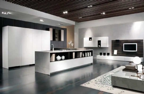 Cucina Design con penisola Mediterraneum in Laccato Bianco opaco e Ceramica effetto Marmo di Scic