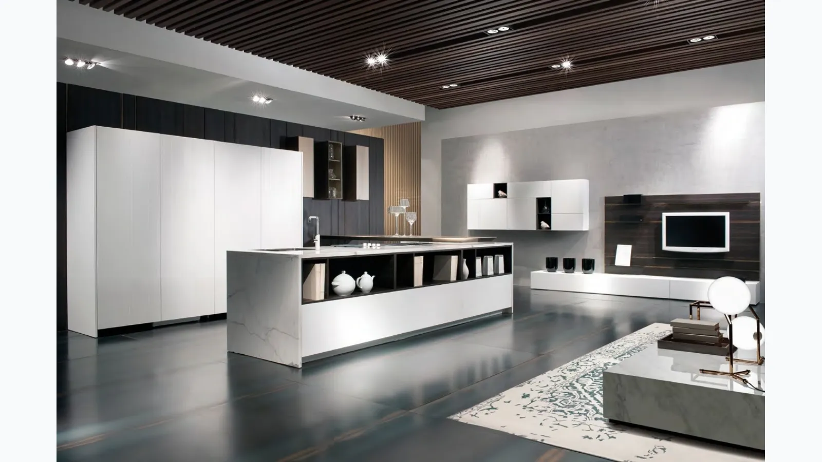 Cucina Design con penisola Mediterraneum in Laccato Bianco opaco e Ceramica effetto Marmo di Scic