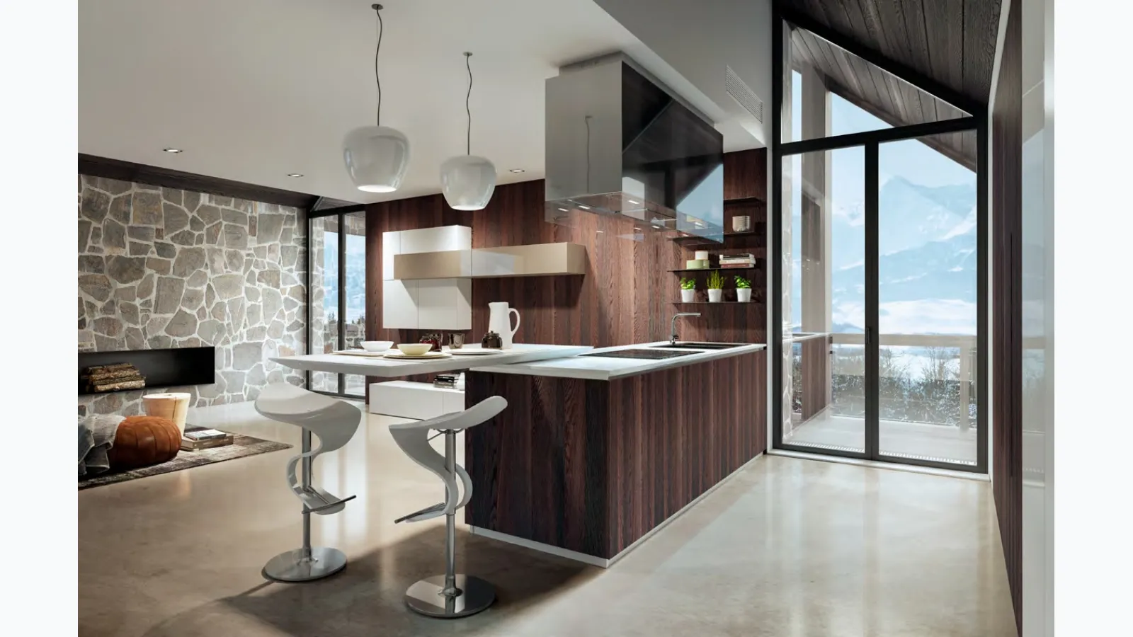 Cucina Design con penisola Mediterraneum in finitura Rovere bruciato e top in laccato Bianco lucido di Scic