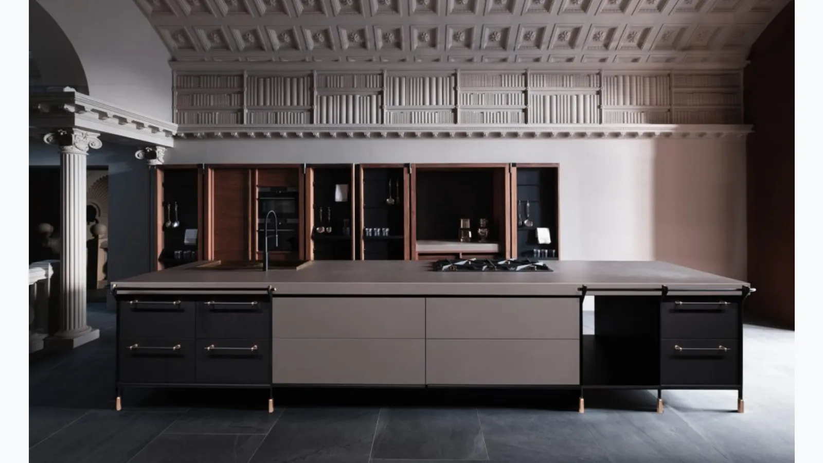 Cucina Design lineare in laccato opaco, ferro smaltato, pietra e legno Canossa di Scic