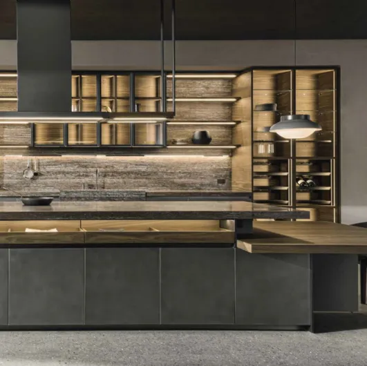 Cucina Design con isola VVD in Acciaio Nebula e Rovere thermo con top in marmo travertino di Dada