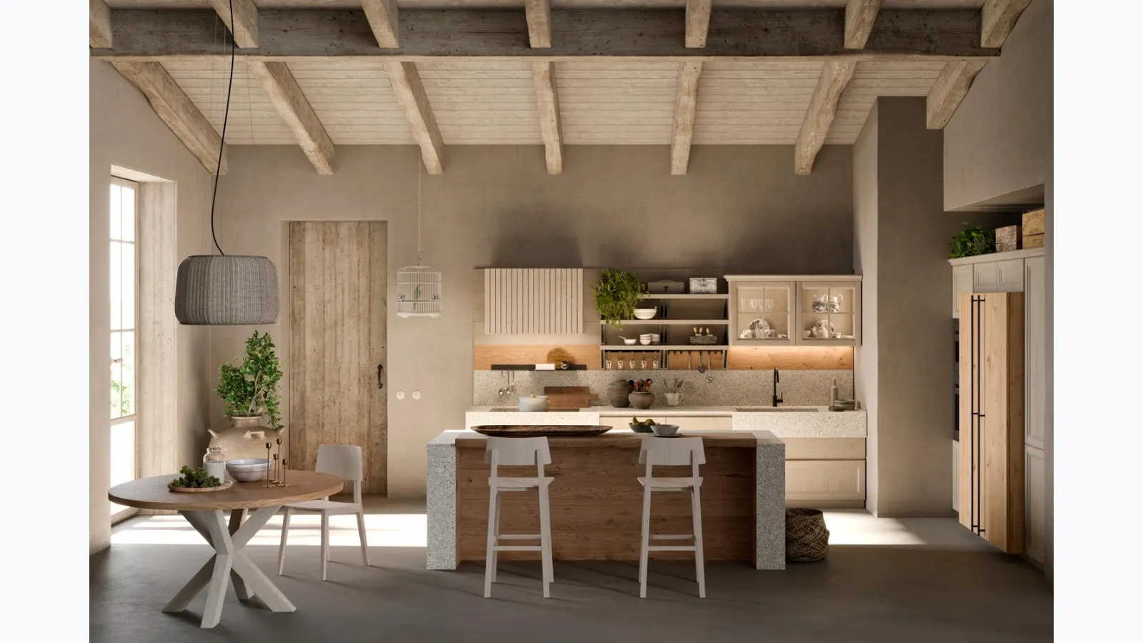 Cucina Moderna con isola in legno e Gres Porcellanato Atelier Cottage di Callesella