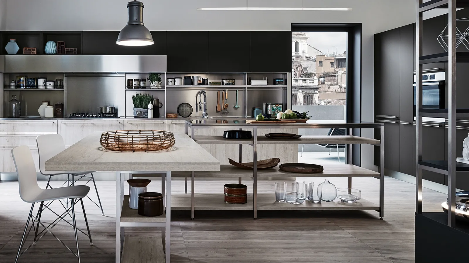 Cucina Moderna con penisola Ethica finitura Quercia Bianco Dek di Veneta Cucine