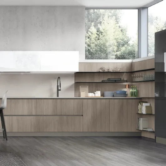 Cucina Moderna con penisola Infinity v06 in Termo Strutturato Rovere Sesamo di Stosa