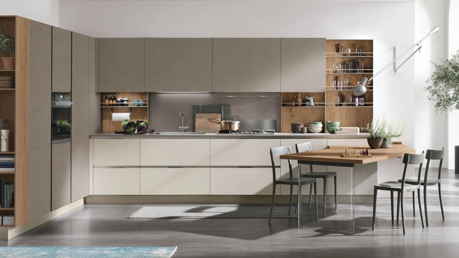 Cucina Moderna angolare con penisola Infinity v13 in Pet Cachemere, Cemento Visone e Rovere nodato di Stosa