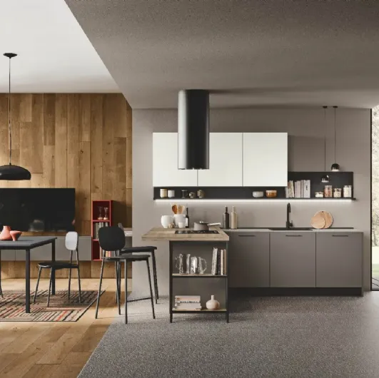 Cucina Moderna con penisola Kaya v02 in nobilitato opaco Smoke Grey e Bianco Soft e legno materico Argentina di Stosa