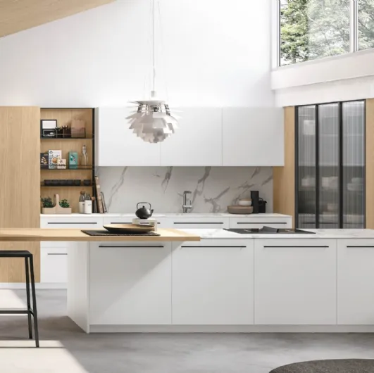 Cucina Moderna Metropolis v05 in Pet Bianco e Rovere Sole con top in HPL Calacatta di Stosa