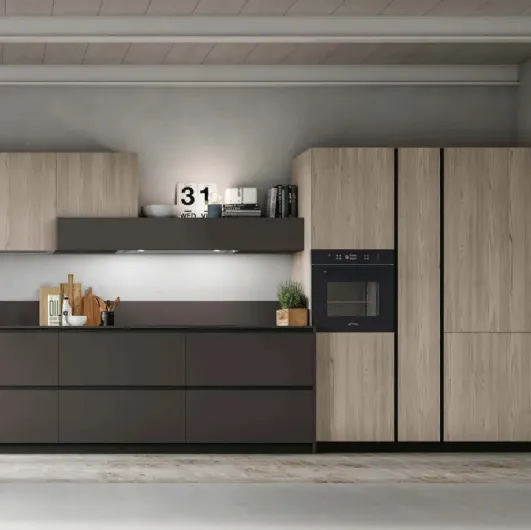 Cucina Moderna lineare Metropolis v08 in Fenix Cacao e Larice Sabbia di Stosa