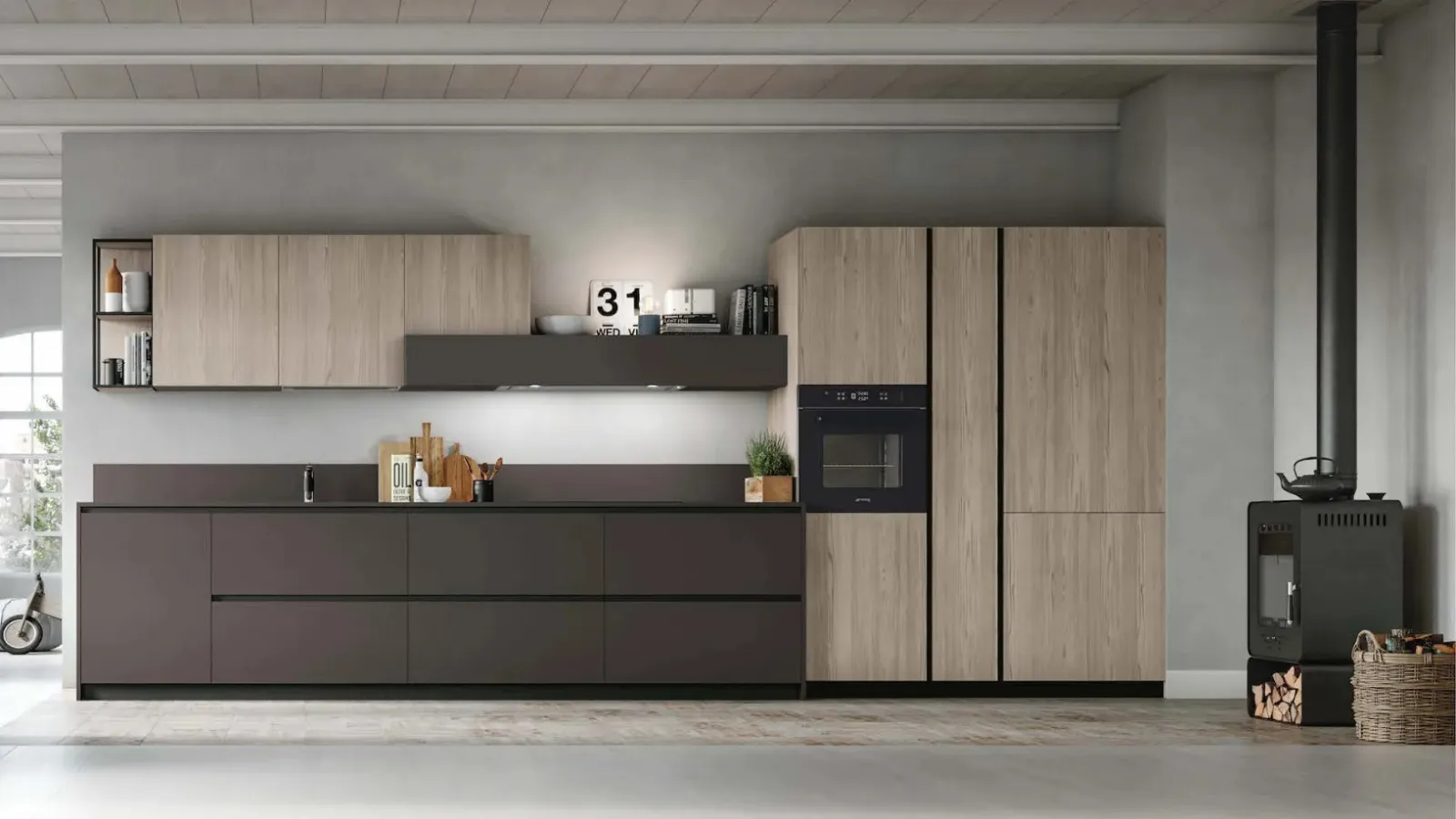 Cucina Moderna lineare Metropolis v08 in Fenix Cacao e Larice Sabbia di Stosa