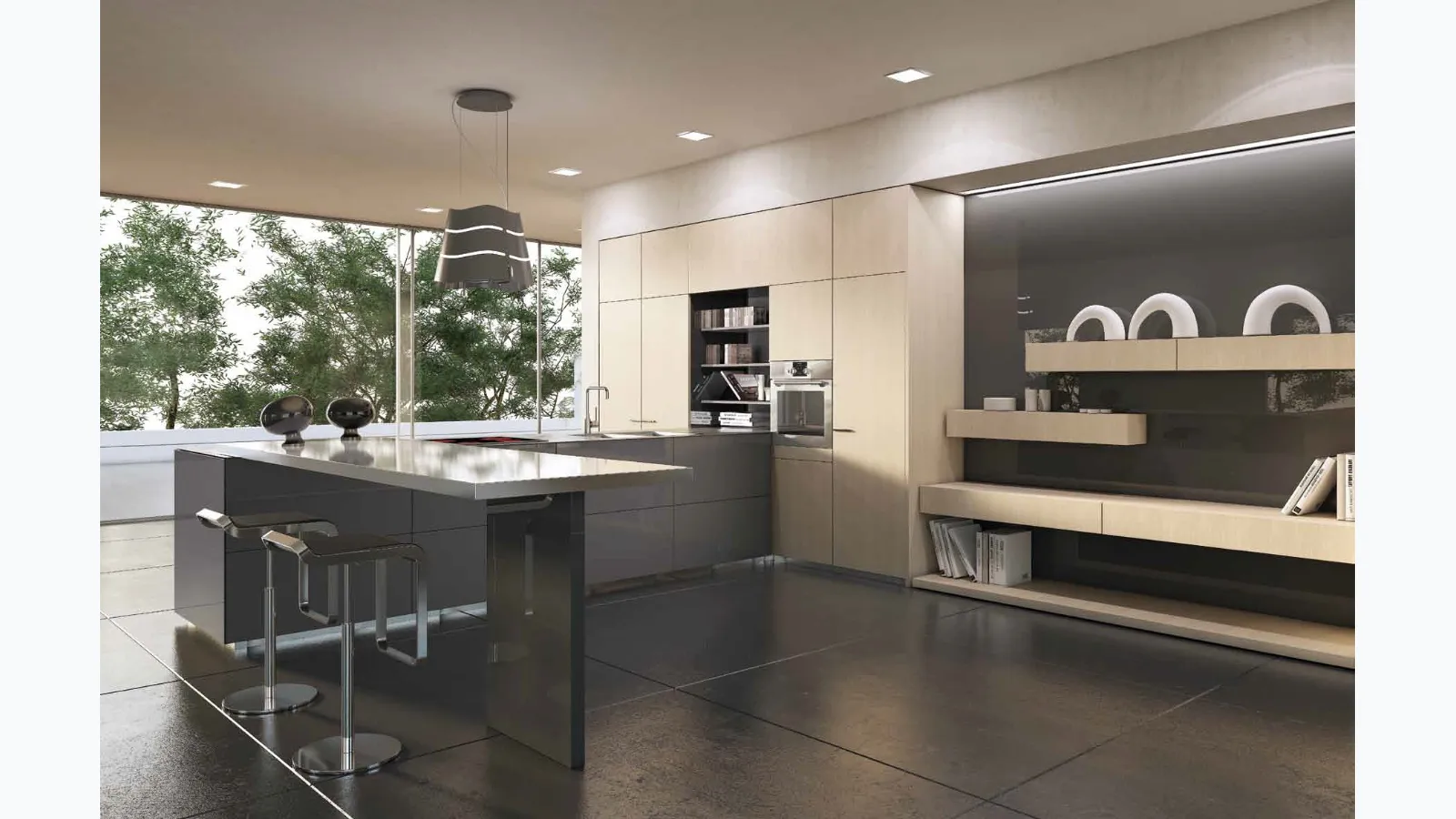 Cucina Moderna con penisola Monolite in Laccato lucido Piombo con top in acciaio satinato di Scic