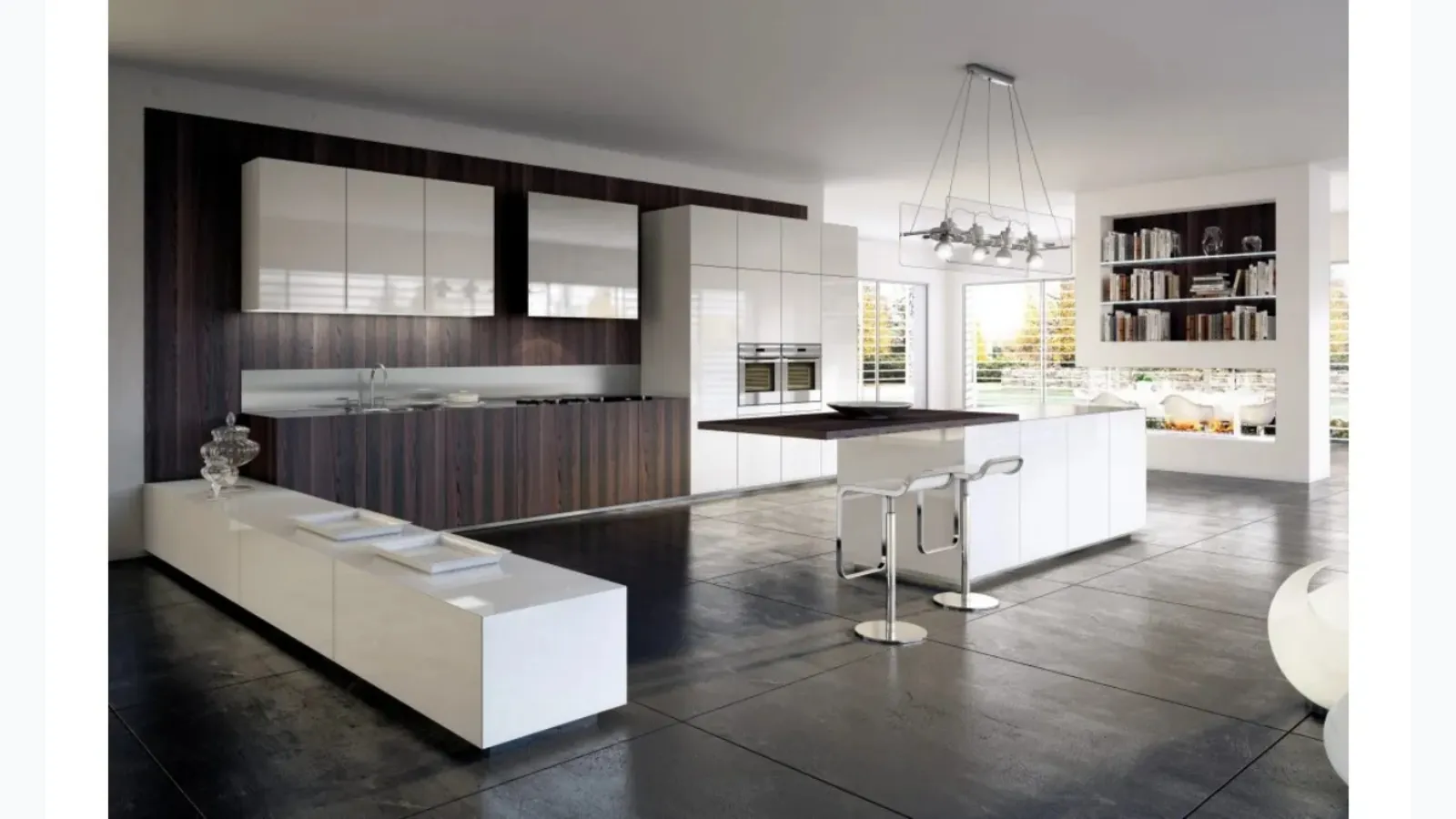 Cucina Monolite con isola Rovere bruciato e Laccato lucido di Scic