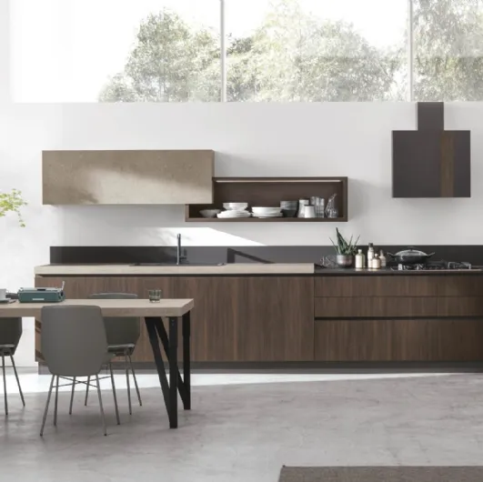 Cucina Moderna ad angolo Infinity v01 in Termo Strutturato Rovere Cumino e Graniglia di Stosa