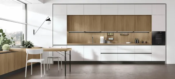 Cucina Moderna con penisola Infinity v10 in Pet Nebbia opaco e Rovere Anice di Stosa