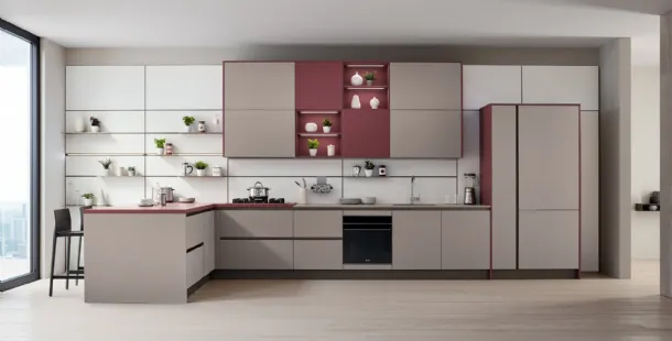 Cucina Moderna Like J 02 con penisola in laccato opaco Marrone e Rosso Soft di Veneta Cucine